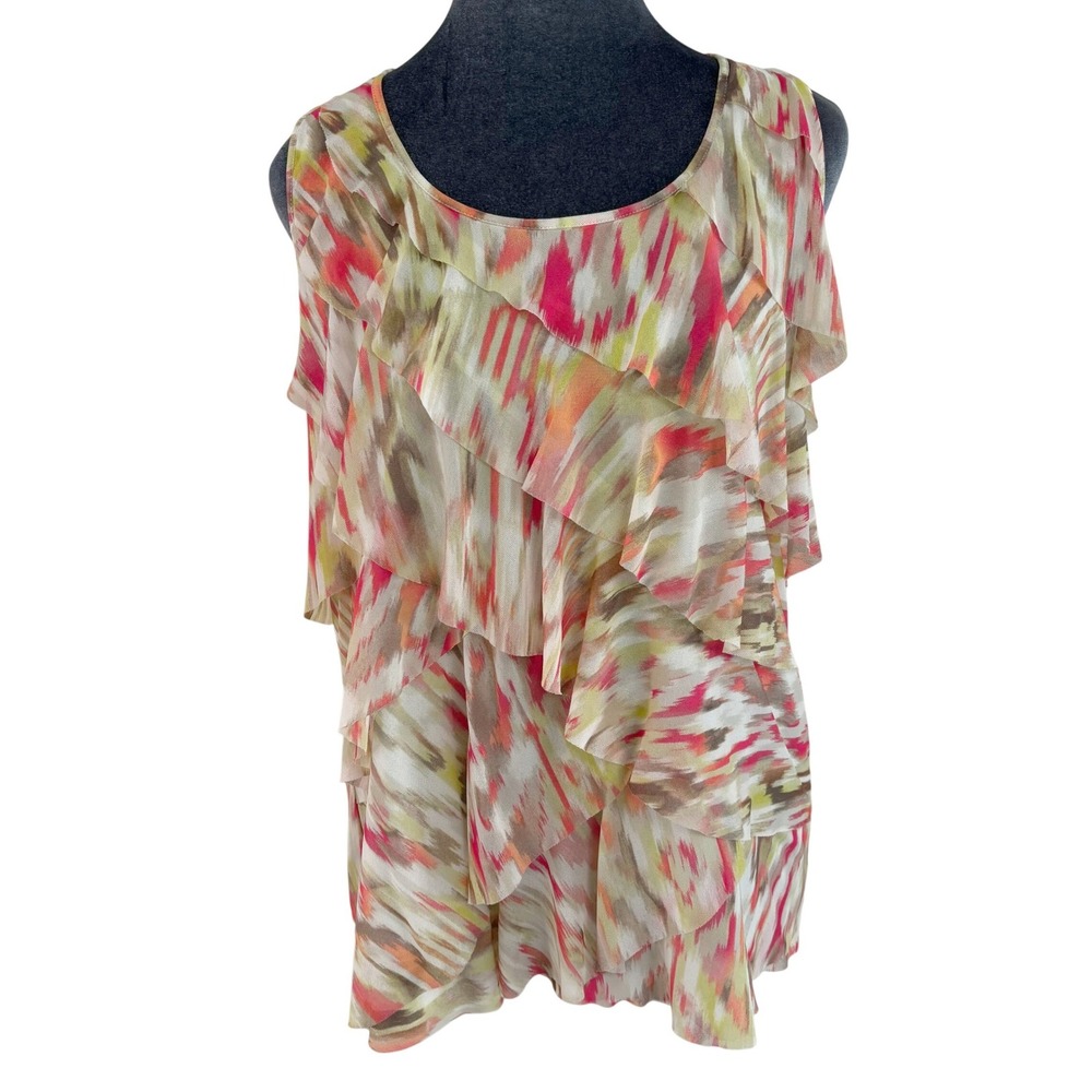 Chico's Pink Orange Abstract Boho Tropical Ikat Tiered Ruffle Mesh Tank Top 2 L